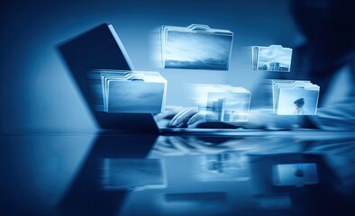 Laptop with floating folder icons.  Hands typing on keyboard.  Digital imagery