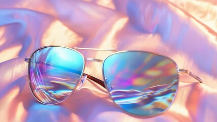 A pair of mirrored aviator sunglasses with rainbow reflections resting on pink satin fabric. - Powered by Adobe