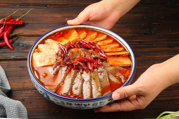Spicy Korean Tripe Blood Sausage Soup Homemade Traditional Dish with Red Chili Peppers