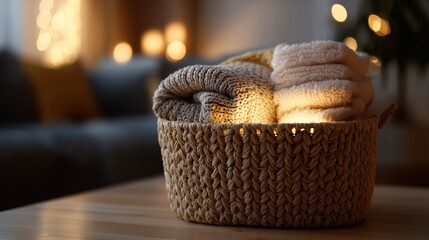 Obraz premium Cozy interior with a woven basket filled with soft towels, creating a warm ambiance in a well-lit living room