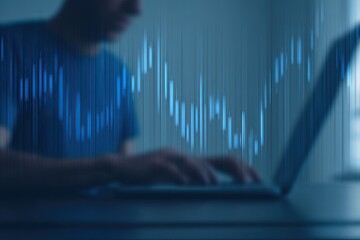Person working on laptop with financial data overlay
