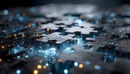 Digital puzzle piece concept in virtual environment,graphic design with innovaive technology. Abstract vewpoint for SEO impact, conectivity, code, solution,modern interface, blue ligt, software