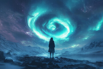 Person on Snowy Mountain Watching Merry Dancers Mesmerizing Northern Lights in Arctic Sky, Generative AI