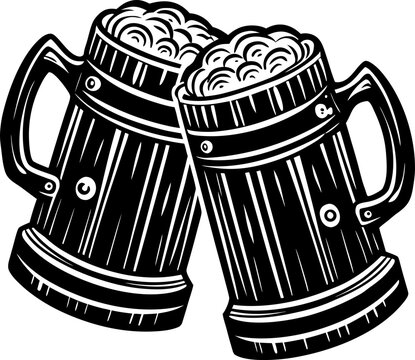 Cheers to the Brew: Two classic beer mugs, brimming with frothy ale, clink together in a joyous toast, a timeless symbol of camaraderie and celebration.