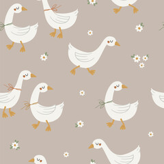 Vector seamless pattern with cute geese family on a beige background. Seamless for wrapping paper, greeting cards and other. Can be used for wallpaper, textile, packaging.