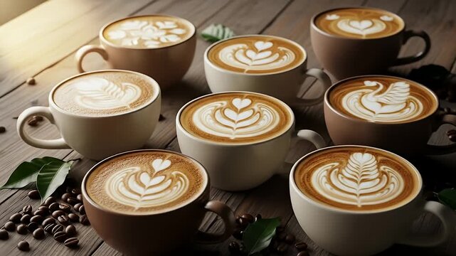 Several cups of latte with latte art on a weathered wooden table, coffee beans around