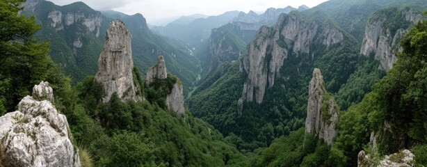 Expansive vista showcasing sharp, rocky cliffs in a lush green valley under an overcast sky