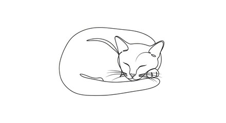 A line drawing of a cat sleeping curled up on a plain white background with closed eyes whiskers and its paws tucked