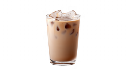 Refreshing iced coffee drink served in a tall glass with ice cubes isolated on transparent background
