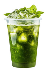 Refreshing green mint smoothie in a plastic cup with fresh mint garnish and ice transparent background