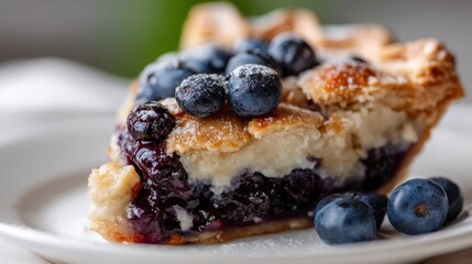 Slice of blueberry pie on a white plate. the pie has a golden brown crust on top and is filled with fresh blueberries.