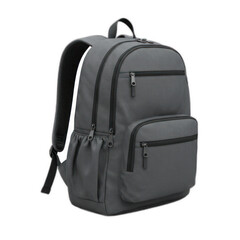 A gray backpack with multiple zippered compartments is presented in a  shot against a black backdrop.