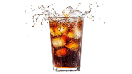 Refreshing iced cola splash with ice cubes and bubbles against a transparent background