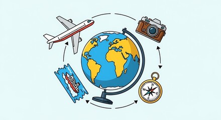 World Travel and Tourism Concept with Globe and Icons.