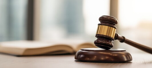 The Gavel in Foreground with Open Law Book and Courtroom Background