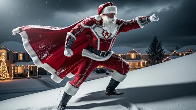 Superhero Santa dashing through the snow in red suit and cape on a snowy hill at night