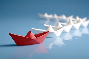 Obraz premium Red origami boat leading a line of white boats on a blue surface