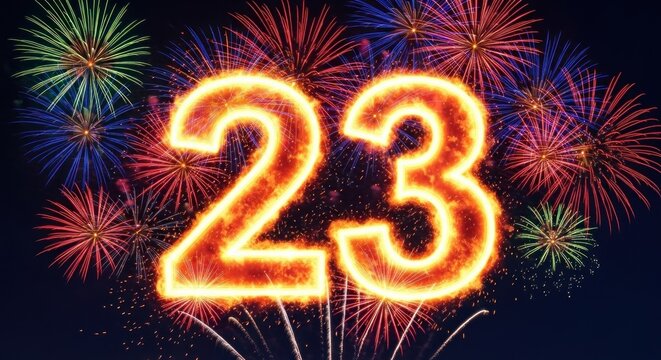 The fiery number "23" glows brightly, surrounded by colorful fireworks bursting in a dark night sky
