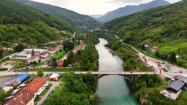 flying over the Drina river bridge in Vi&scaron;egrad Brod in Bosnia and Herzegovina 