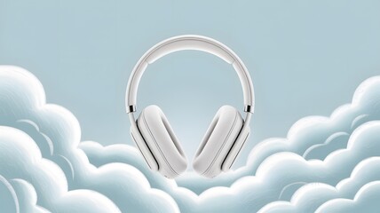 Modern white headphones floating in soft blue clouds