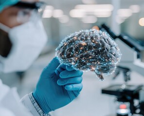 A scientist in a lab holds a holographic brain