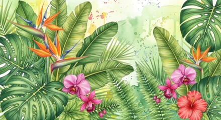 Naklejka premium Lush watercolor illustration showcasing vibrant tropical flowers, foliage, and a colorful, splattered background in a serene, idyllic setting