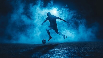 Naklejka premium A skilled soccer player deftly maneuvers a ball through blue fog during an intense night practice