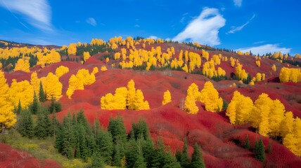 Vibrant autumn hillside with yellow aspen and red shrubs under a blue sky
