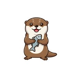 An adorable cartoon otter mascot logo sitting happily holding a fish with soft rounded proportions and bright vibrant tones