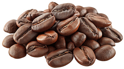 Obraz premium A close-up shot showcasing a pile of roasted coffee beans. The beans are dark brown, suggesting a rich and aromatic flavor profile. Pile of roasted coffee beans on transparent background