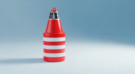 A vibrant, cylindrical traffic control device featuring a red and white striped body, topped with a reflective, metallic-like cap. It casts a shadow