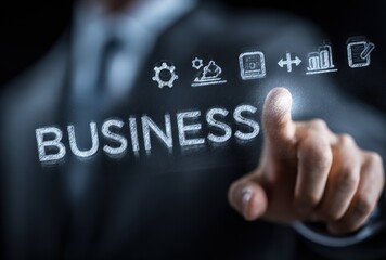Business suit-clad figure touches an illuminated screen with icons and the word "BUSINESS" overlaid in white letters