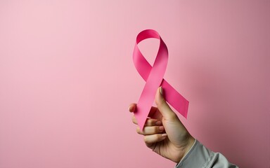woman holding pink ribbon, breast cancer awareness, October pink concept. High quality