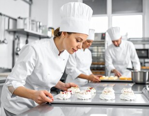 Female Chef Decorating Meringue Desserts in Professional Kitchen