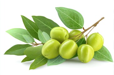 Obraz premium Olive branch with ripe green olives and vibrant green leaves on a white background, with moisture droplets