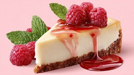 Creamy cheesecake slice topped with raspberries and drizzle