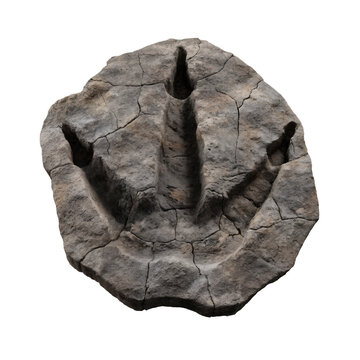 Tyrannosaurus footprint fossil isolated PNG, transparent background, realistic stone texture, tridactyl dinosaur track, paleontology resource, high resolution