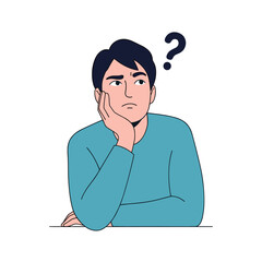 A young man with dark hair wearing a blue sweatshirt looks thoughtful with his hand resting on his chin a question mark floats above his head