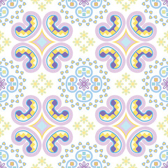 A seamless abstract pattern with flowers and some words for describing the image