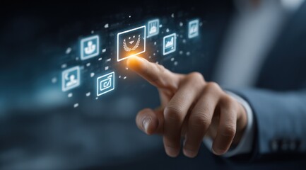 Hand touches glowing smiley face icon among others, suit sleeve is visible. Glowing in the dark futuristic interface