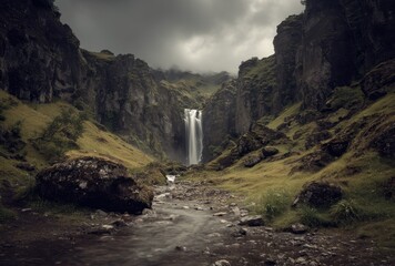 Cascading waterfall amidst mossy cliffs under a brooding sky, with a gentle stream flowing through a rocky valley