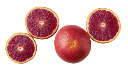 A vibrant image showcasing a whole blood orange alongside three halved blood oranges, revealing their deep red interior. The scene is set against a plain black background. Th