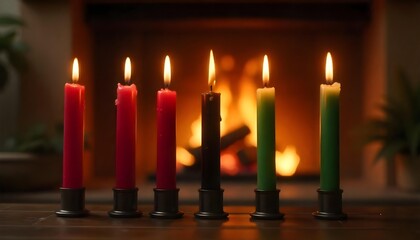 Candles flicker on a table beside a fireplace, embodying the spirit of Kwanzaa in a family celebration