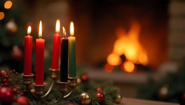 Candles arranged on a table near a fireplace, celebrating Kwanzaa's Mishumaa Saba during a Karamu feast