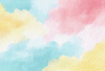 Pastel-hued abstract, watercolor-esque cloud shapes, soft yellow, pink, and blue blending on textured paper, creating a dreamy, ethereal feel