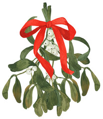 Watercolor mistletoe bouquet with a red bow, hand-painted. Perfect for holiday cards, invitations, patterns, wall art, and festive decorations.
