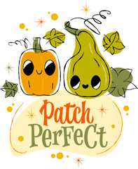 Patch Perfect. A cute illustration featuring hand drawn lettering, cheerful pumpkin characters among stylized leaves. Illustrated in a playful retro sketch style with a warm, vibrant color palette