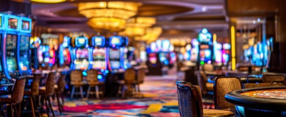 The casino interior with colorful slot machines and empty gaming tables at night