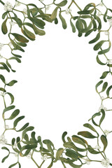 Watercolor Christmas mistletoe leaf frame with empty space in the center for text, hand-painted. Perfect for holiday cards, invitations, and festive designs.