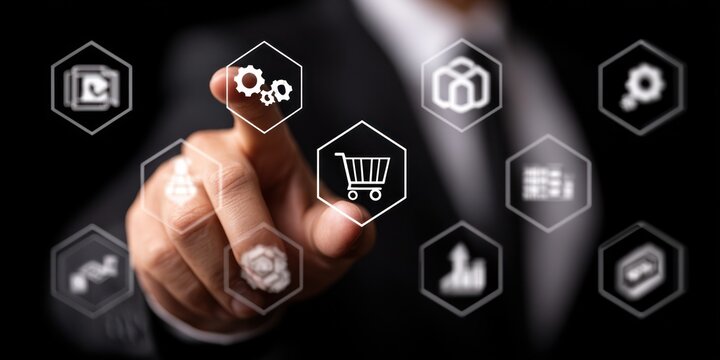 A finger touches a shopping cart icon surrounded by other icons, against a dark suit jacket background